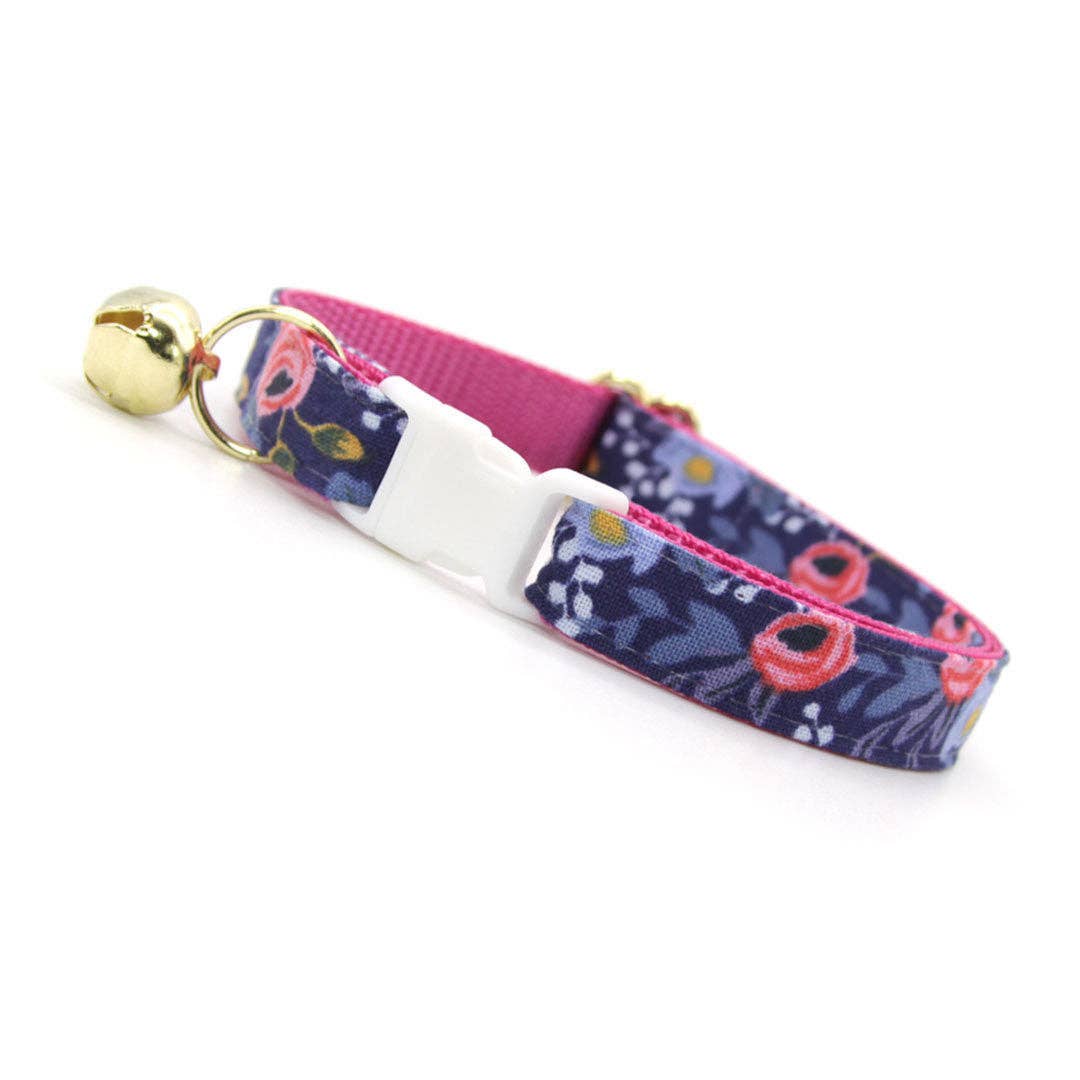 Made By Cleo - "Daphne" - Pink Roses on Navy Floral Cat Collar Adult Cat (8-13)